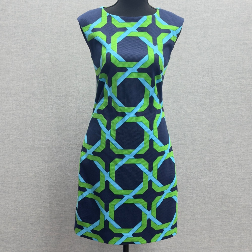NWT Elizabeth McKay Ginger Dress Geometric Print Navy Blue Green Blue Size 2‎